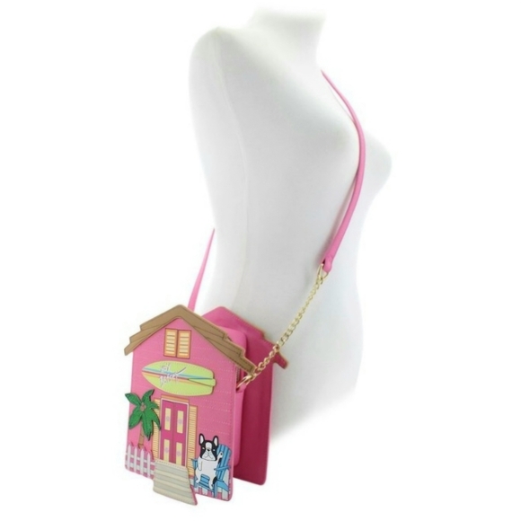 Betsey Johnson Handbags - Betsey Johnson Crossbody Bag Pink Beach House With Frenchie Dog Purse NWT
